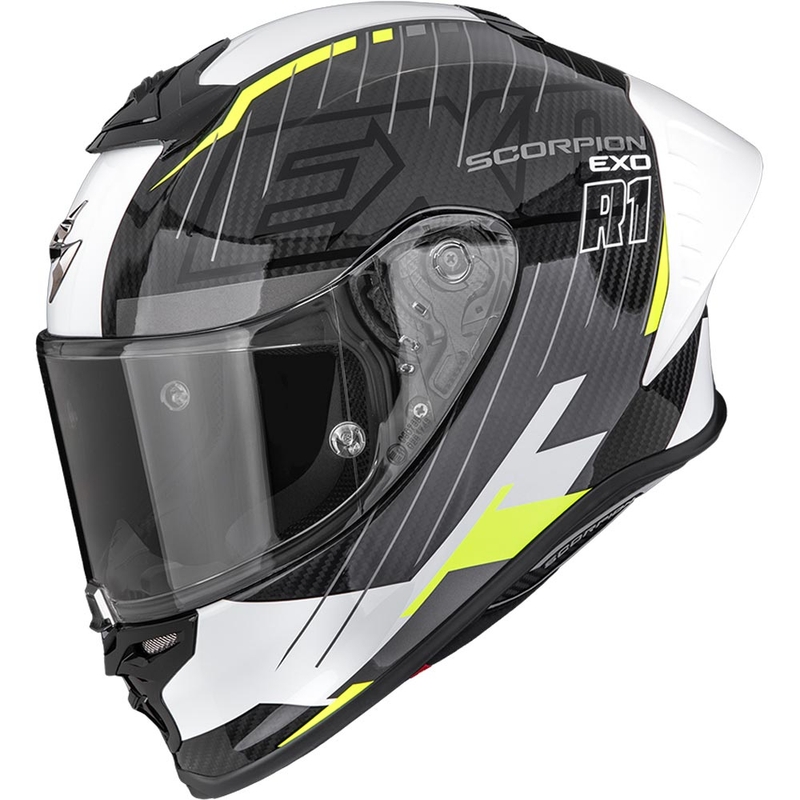 Casque intégral de moto Scorpion EXO-R1 EVO II Air Surge noir-blanc-jaune fluo