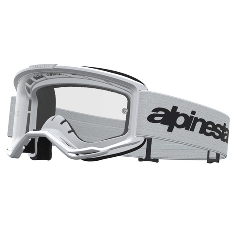 Lunettes de motocross Alpinestars Vision 3 Wordmark blanches et noires avec verres en plexiglas transparents