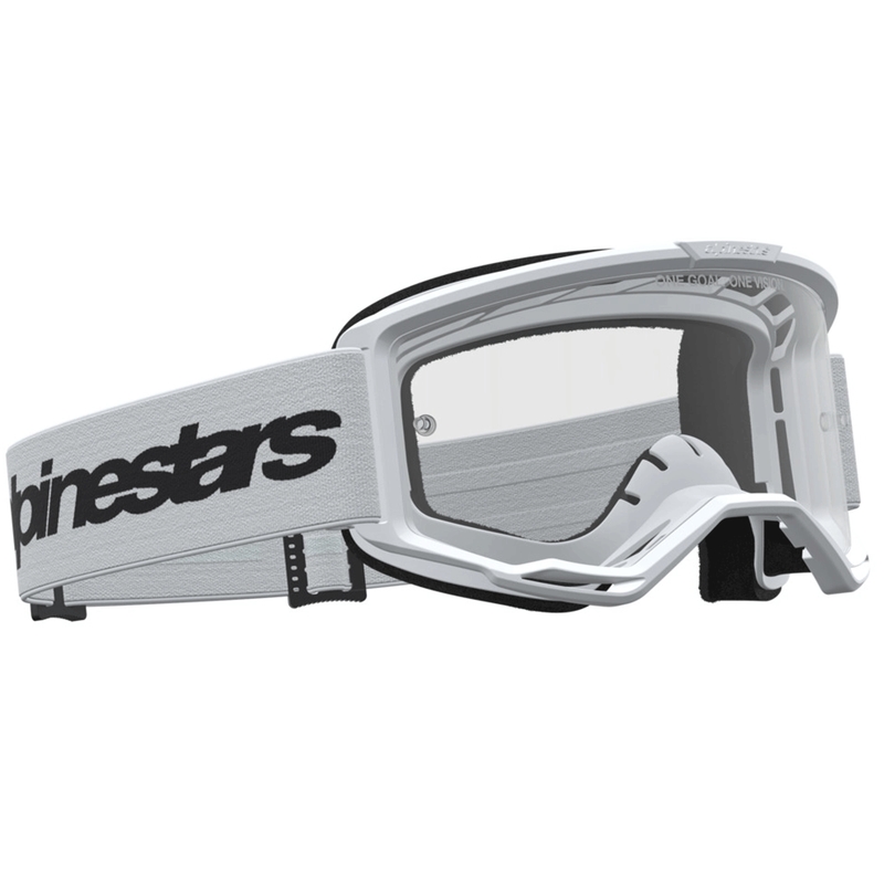 Lunettes de motocross Alpinestars Vision 3 Wordmark blanches et noires avec verres en plexiglas transparents