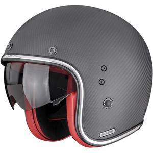 Casque de moto ouvert Scorpion Belfast II Carbon Solid, noir mat et rouge.