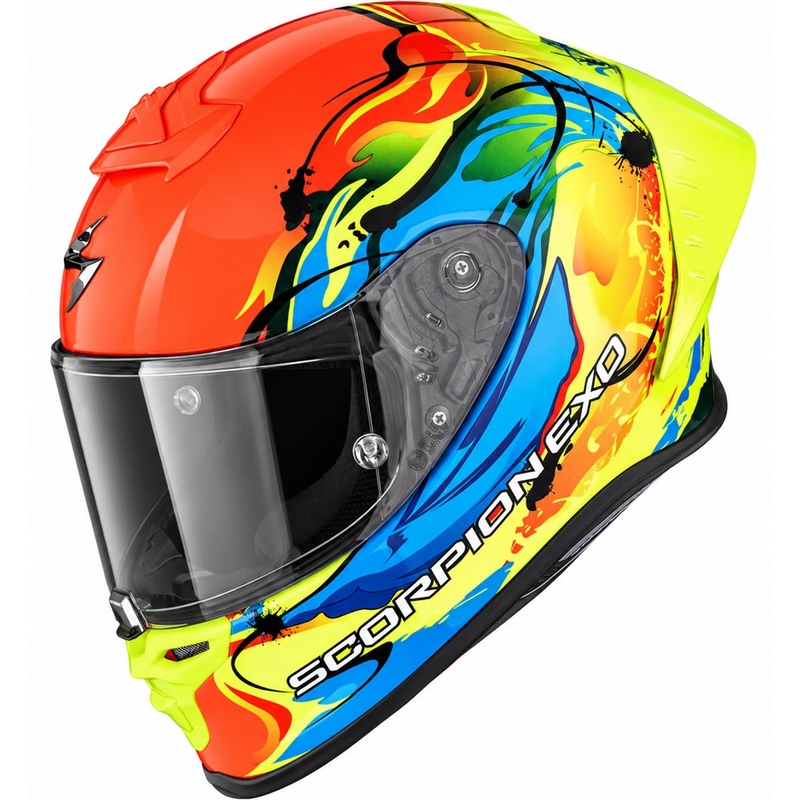 Casque intégral de moto Scorpion EXO-R1 EVO II Air Thrust rouge-bleu-jaune fluo
