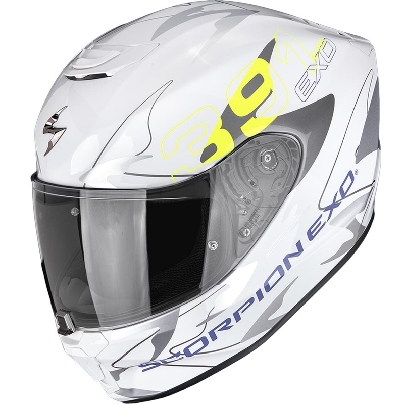 Casque intégral de moto Scorpion EXO-391 Key blanc-argent-jaune fluo