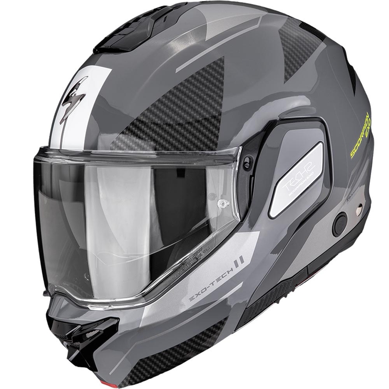 Casque de moto modulable Scorpion EXO-TECH II Void, couleur argent-jaune fluo