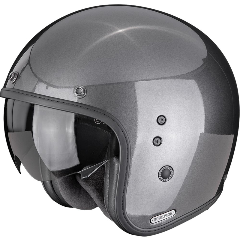 Casque de moto ouvert Scorpion Belfast II, gris métallisé.