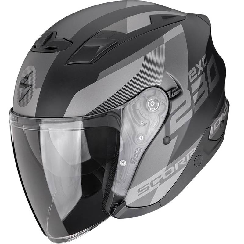 Casque de moto ouvert Scorpion EXO-230 Comics, noir mat et argent