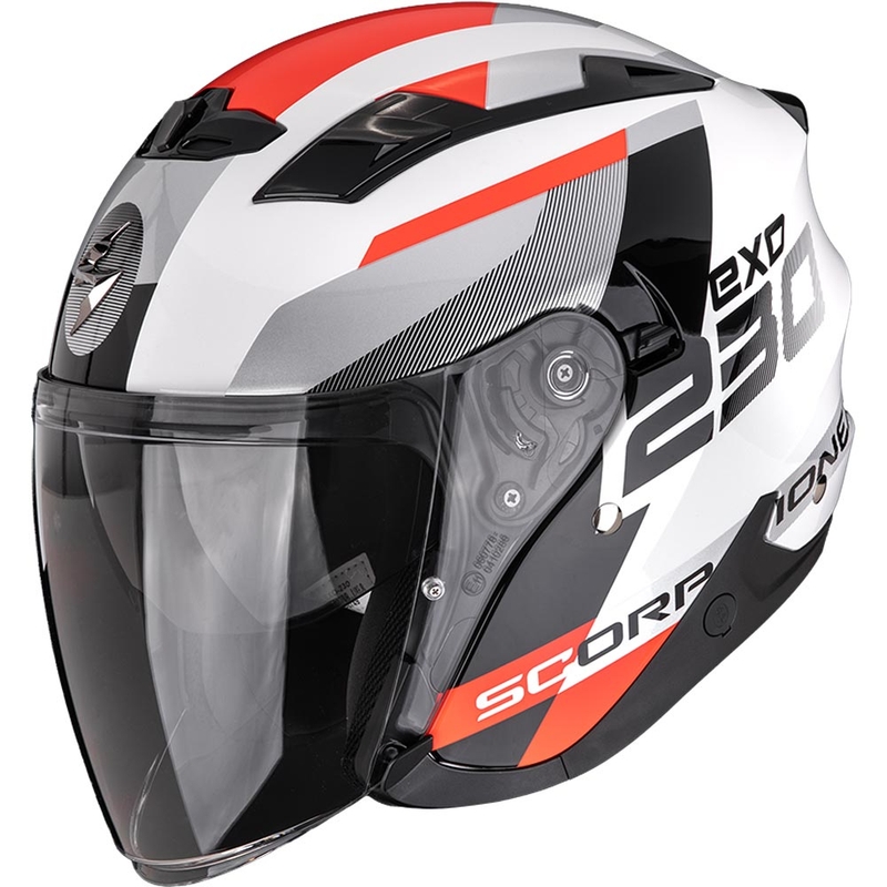 Casque de moto ouvert Scorpion EXO-230 Comics blanc et rouge