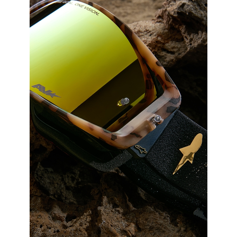 Lunettes de motocross Alpinestars Supertech Zona édition limitée, noir-marron avec verres en plexiglas doré miroir.