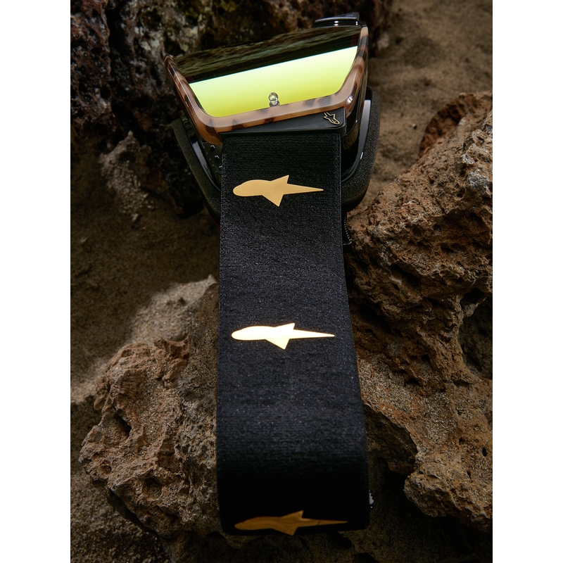 Lunettes de motocross Alpinestars Supertech Zona édition limitée, noir-marron avec verres en plexiglas doré miroir.