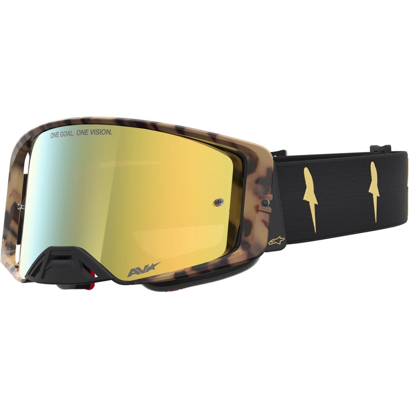 Lunettes de motocross Alpinestars Supertech Zona édition limitée, noir-marron avec verres en plexiglas doré miroir.