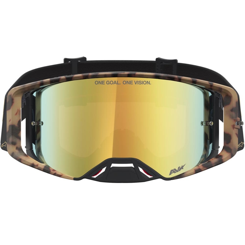 Lunettes de motocross Alpinestars Supertech Zona édition limitée, noir-marron avec verres en plexiglas doré miroir.