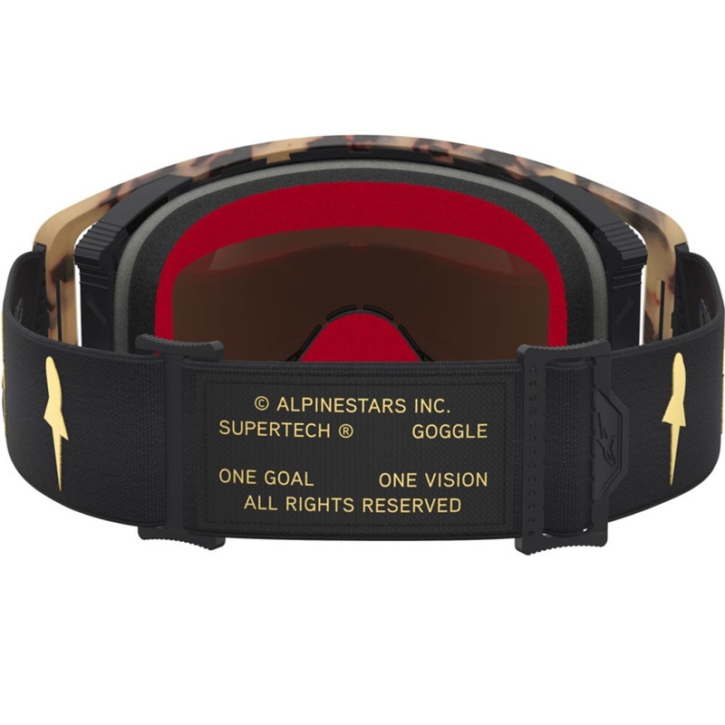 Lunettes de motocross Alpinestars Supertech Zona édition limitée, noir-marron avec verres en plexiglas doré miroir.