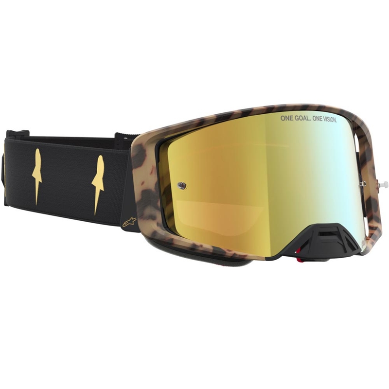 Lunettes de motocross Alpinestars Supertech Zona édition limitée, noir-marron avec verres en plexiglas doré miroir.