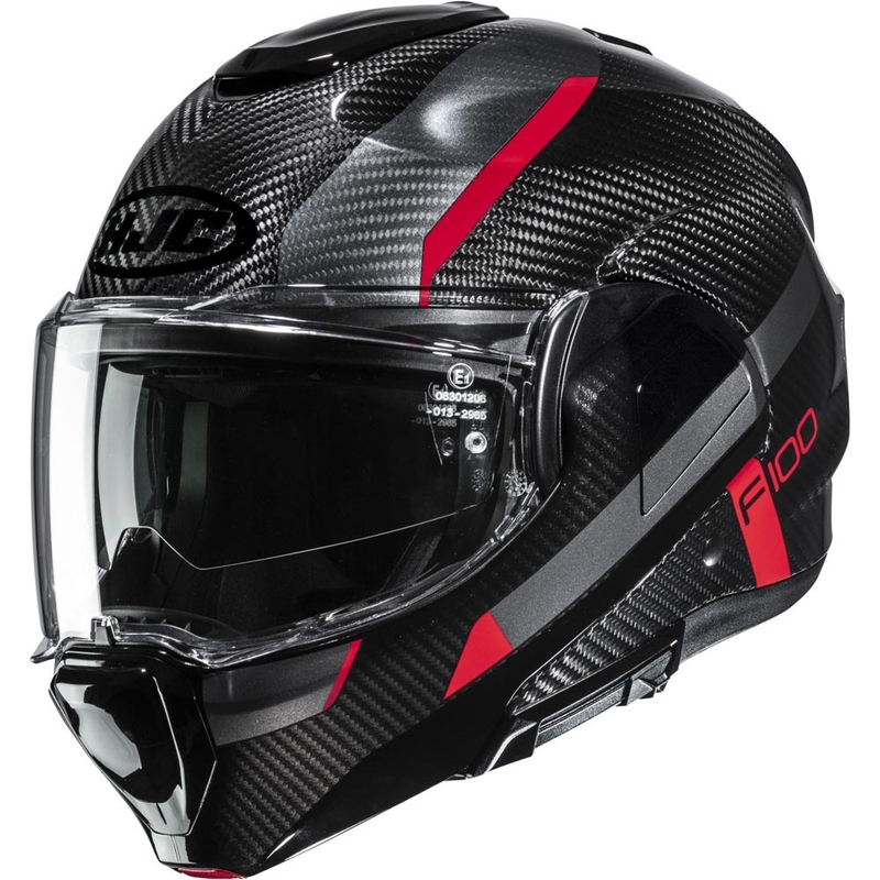Casque de moto modulable HJC F100 Carbon Askan MC1 noir et rouge